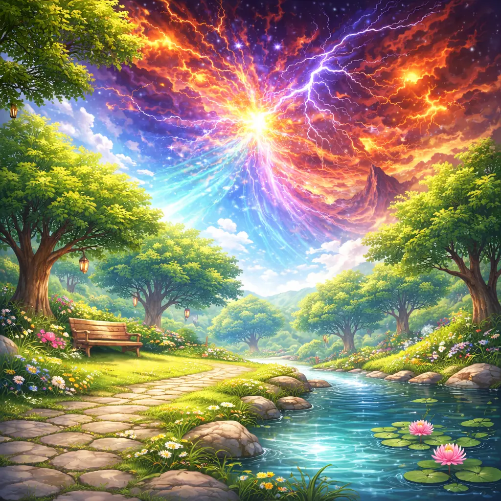 Worlds meet: a bright landscape with a shimmering sky overlap