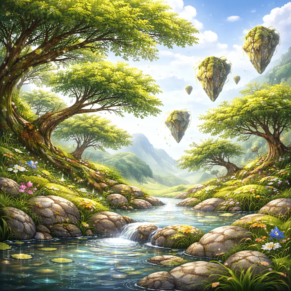 A zone where nature behaves strangely—glow, floating stones, warped growth