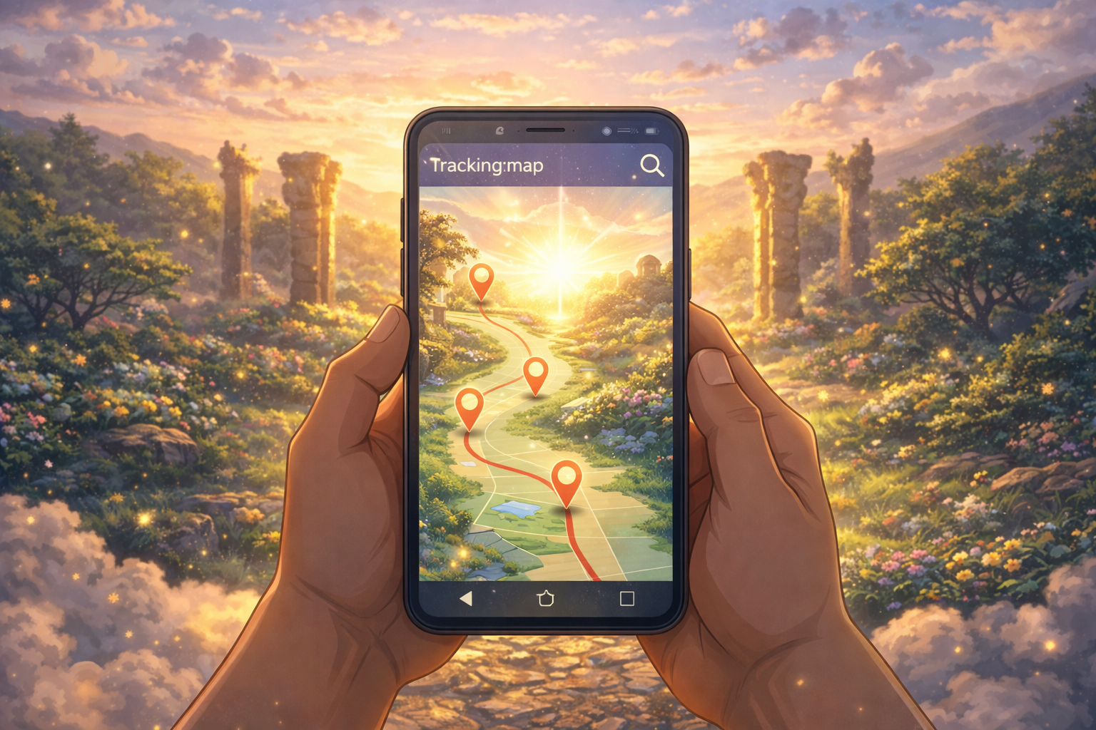 A hopeful path leading into a glowing zone at dawn